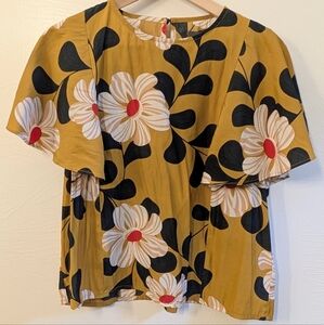 Eva Franco Yellow and Black Flutter Sleeve Blouse Asymmetrical Relaxed